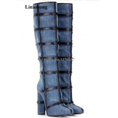 Brand Fashion Women Round Toe Blue Denim Knee High Chunky Heel Boots Zipper-up Long Thick High Heel Boots Jean Boots