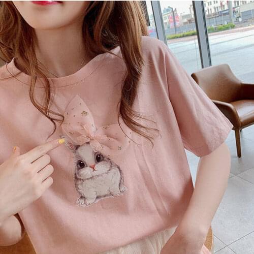 2021 Summer New Loose Short-sleeved Cute T-shirt Rabbit Print Upper Clothes Woman Tshirts Graphic T Shirts