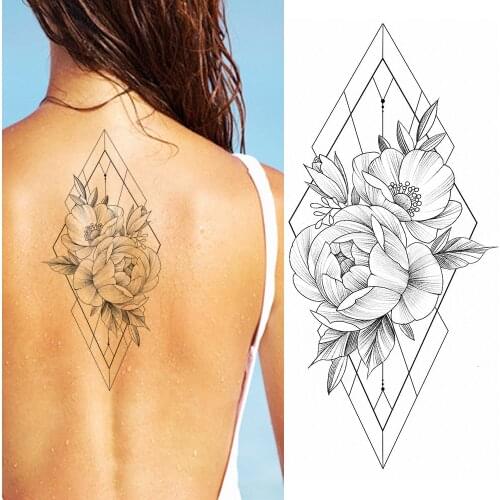 Geometric Flower Temporary Tattoos Sticker Realistic Fake Waterproof Tatoo For Women Girl Body Art Drawing Arm Hands Black Tatoo