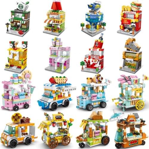 Mini street shop market view building blocks creator architecture ice cream fruits cosmetics jewelry store friends for girl City