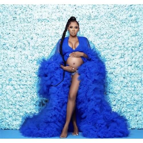 Royal Blue Maternity Dress for Photoshoot Ruffled Fluffy Pajamas Party Nightgowns Custom Made Pregnacy Gowns Shoot