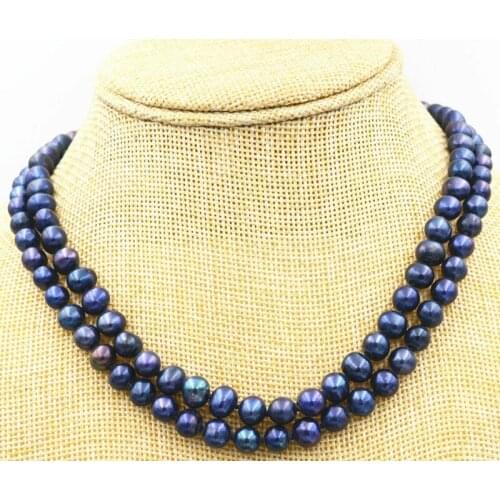 Hot Beautiful 2 row 7-8mm Black Freshwater Pearl Necklace 17-18"