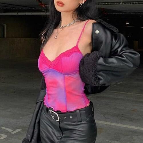 Musuos Sexy Ladies Sleeveless Camis Vest Lace Trim Sling Straps Backless Slim Fit Crop Tops Women Mesh Printed Shirt Club Beach