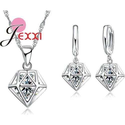 Newest Crystal CZ Crystal Shape Jewelry Set 925 Sterling Silver Necklace & Dangle/Hoop Earrings Sets For Women Best Gifts