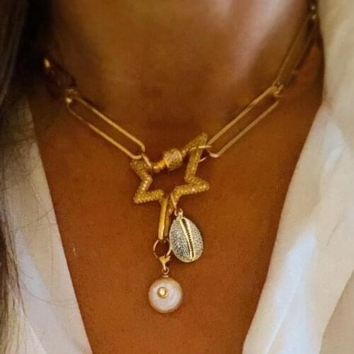 Punk high quality freshwater pearl shell pendant links chain pave zircon spiral buckle carabiner lock necklace women Accessories