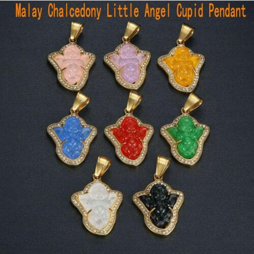 Stainless steel pendant Malay Chalcedony Little Angel Cupid Pendant Angel wings pendant