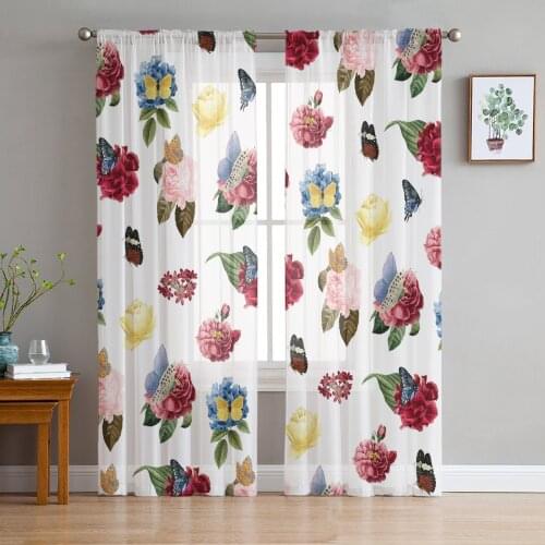 Colorful Flower Butterfly White Sheer Curtains for Living Room Bedroom Kitchen Chiffon Tulle Curtains Home Hotel Coffee Decor