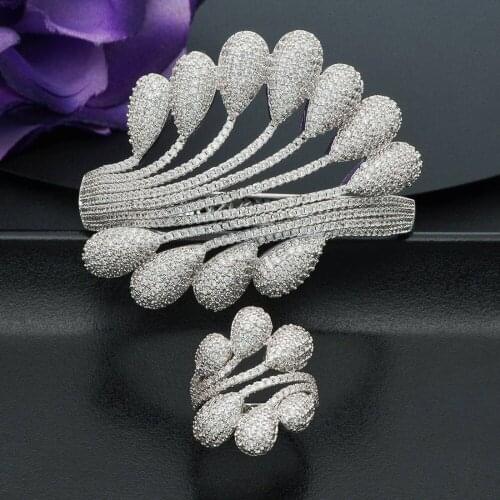 ModemAngel Luxury Peacock Tail Cubic Zirconia Bracelet Bangle and Ring White Color Jewelry Set for Women Wedding Party