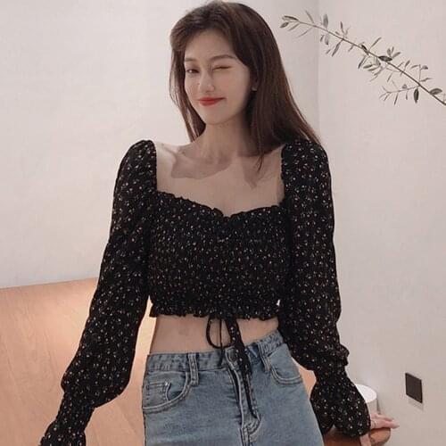 Sexy Crop Top 2020 Summer Square Collar Short Sleeve Women Blouses Sweet Pleated Floral Print Chiffon Shirt