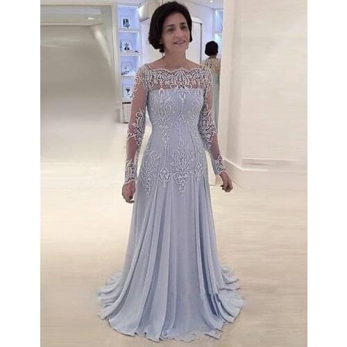 Silver Mother Of The Bride Dresses A-line 3/4 Sleeves Chiffon Appliques Pearls Formal Groom Long Mother Dresses For Wedding