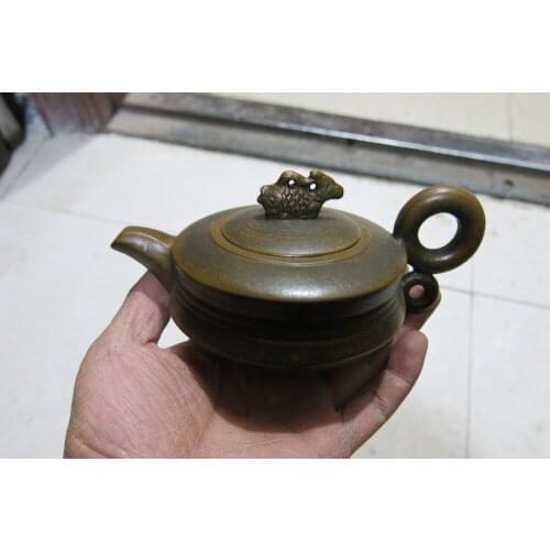 Old Chinese Handcraft Enameled YiXing Purple Clay (yellow stoneware) Teapot ,Goldfish,with mark,Free shipping