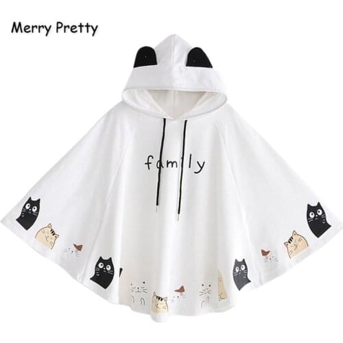 XUANHAO Women Cloak Outerwear Cartoon Cat Print With Ears On Hood Hoodies Coat Pullover Poncho Jacket Cloak Hooded Coat