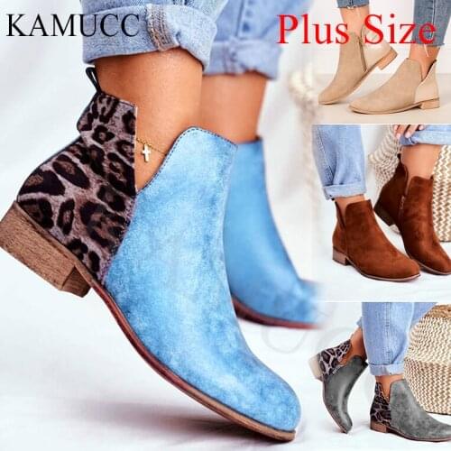 Woman Vintage Leopard Low Heels Women Retro PU Leather Ankle Boots New Womens Zip Ladies Shoes Female Short Boots Plus Size 43