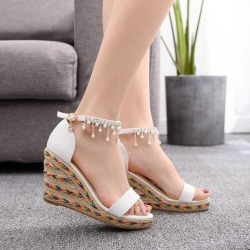 Women Wedge Sandals Summer Bead Studded Detail Platform Buckle Strap Peep Toe Thick Bottom Casual Shoes Ladies