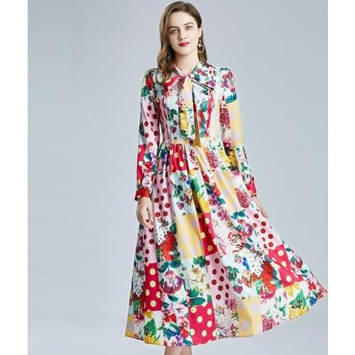 2021 Spring Summer Bow Neck Polka Dots Lace Ruffles Floral Print Shirt Dress Women Long Sleeve Bohemian Casual Vestidos Party