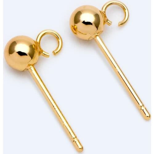 20pcs Gold plated Brass Stud Earring, Ball Ear Posts with Open Ring/ Loop, 4mm Ball Size (GB-1512)