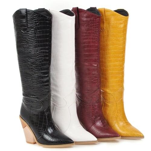 2021 Fashion Knee High Boots Pointed Toe Boots High Thin Heels Stretch Women Boots Alligator Boots Женские сапоги