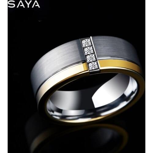 2021 Men Rings, 8mm Width Tungsten Carbide Ring with 4PCS Cubic Zirconia Brused Finished, Free Shipping, Engraving