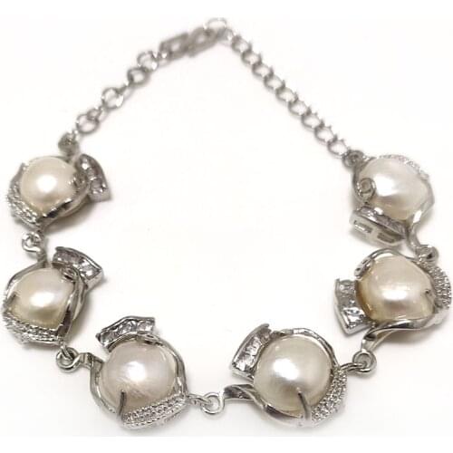 8 inches Silver Natural White Freshwater Baroque Pearl Bracelet for Women