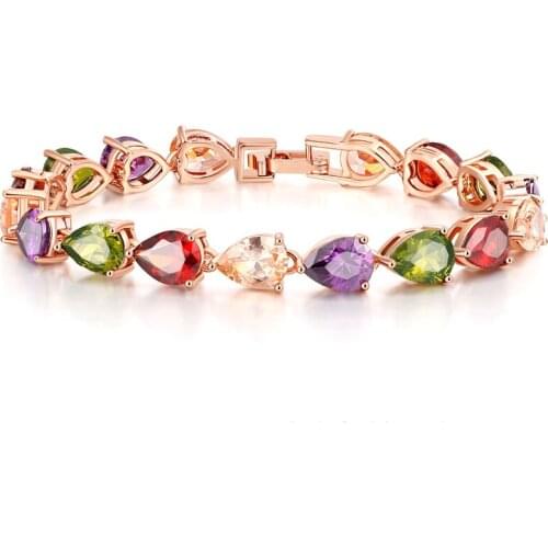 Ociki Rose Gold Color Waterdrop Colourful Crystal Cubic Zirconia Bracelet Bohemia Jewelry Bangle for Girls Women Gift Drop