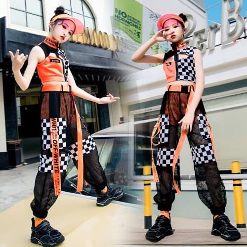 Kids Hip Hop Costumes Sleeveless Plaid Crop Tops Shorts Mesh Hiphop Pant For Girls Jazz Street Dancing Clothes Rave Outfit Wear