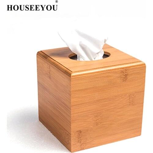HOSEEYOU Natural Bamboo Square Tissue Boxes Creative Seat Type Roll Paper Napkins Canister Eco-Friendly Wooden Table Container