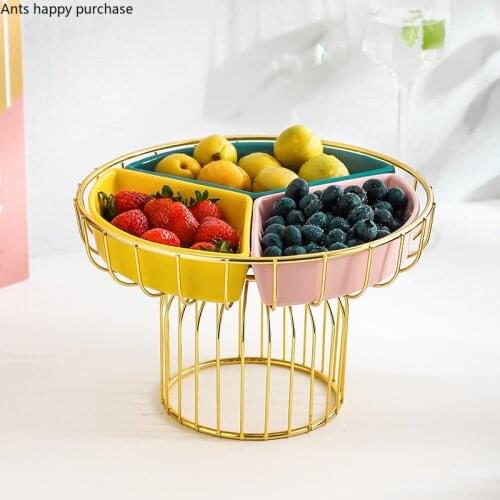 Ceramics Tall Feet Fruit Plate Iron Art Fruit Basket Three Grid Snack Platter Home Candy Plate Snack Tray Decoration Tableware