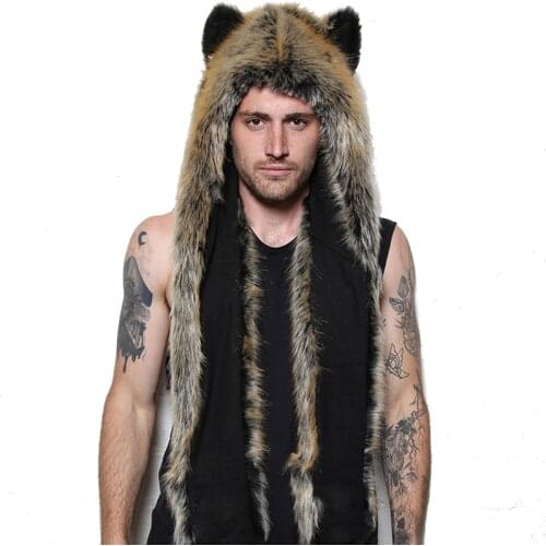 Fashion Women Faux Fur Animal Hat Ear Gloves Beanies men Fur Hat Wolf Plush Warm Imitation Fur Hats Cap with Scarf Gloves