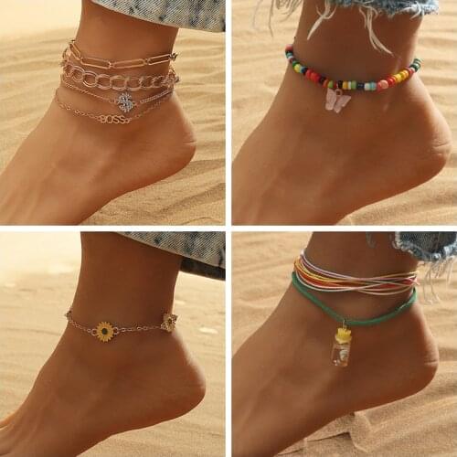 Fashion Gold Multilayer Snake Chain Anklets Women Beads Anklet Leg Chain Ankle Bracelets Beach Foot Jewelry Accessories