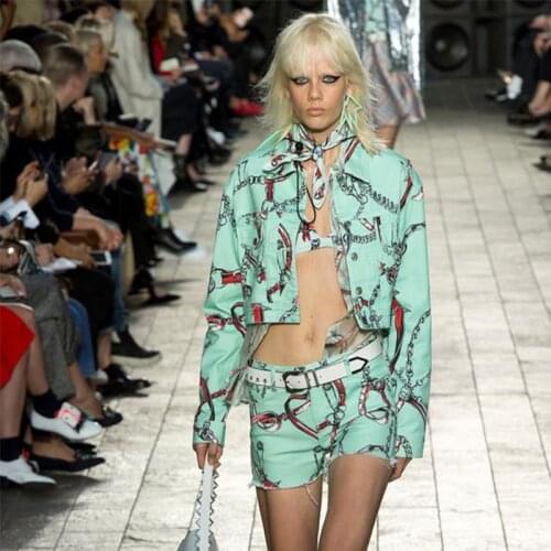 2021 new spring autumn women jacket chain printed women green Jean Jackets quality runway casual outwear