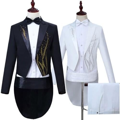New Mens Classic Black White Lapel Tail Coat Tuxedo Wedding Groom Suit Stage Singer Four Piece Suit New Plus Size S-4XL SL1683