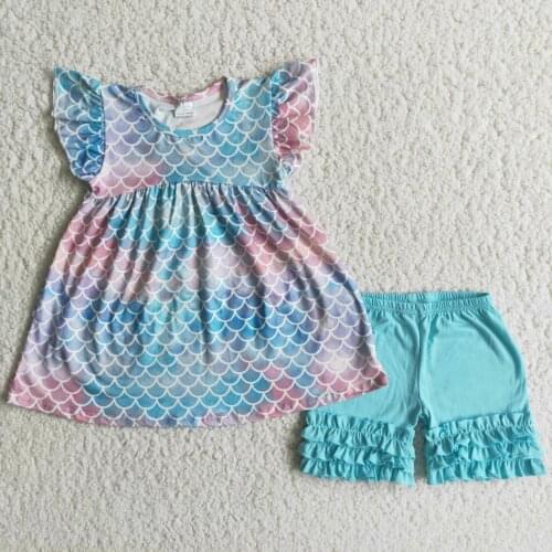 2021 New Arrival Baby Clothes Wholesale Baby Clothes Sets Fashion Girls Casual Cartoon Blue Scale Print Cheap Outfits RTS