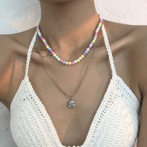 Uneven Surface Pendant Necklace for Women Colorful Beads Beaded Necklaces Layered 2021 Fashion Jewelry Silver Color New