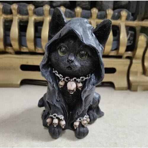 Resin Black Cat with Cloak Statue Cute Kitty with Skull Necklace Cat Figurine Ornaments for Home Cawaii Decoration for Bedroom
