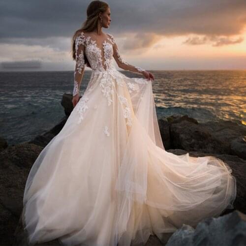Stunning Summer Beach Long Sleeve Tulle Wedding Gown Sheer Neck Lace Appliques Sexy A Line Bride Dress Vestido De Noiva