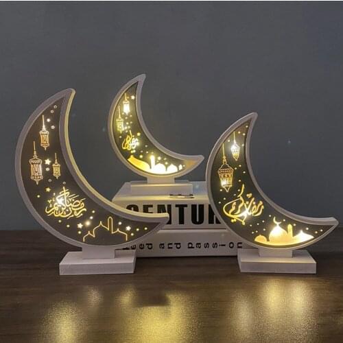 Ramadan Eid Mubarak Wooden Ornament Moon Lamp LED Night Light Islam Mosque Muslim Festival Decoration