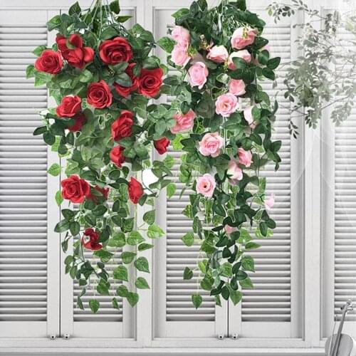 Silk Fake Flower Artificial Flowers Rose Vine Hanging Basket Living Room Balcony for Home Living Room Decoration 1Pcs