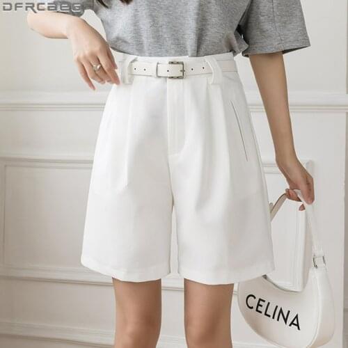 Black Khaki Or White Shorts Women High Quality Elegant OL Belt Summer Short Femme Casual Loose Straight Wide Leg Bermuda Shorts