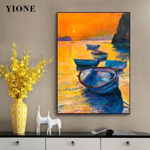 Nordic Landscape Oil Paintings Impression Boat River Sky Sunset Canvas Poster Prints Wall Art Picture Home Decoration for Living