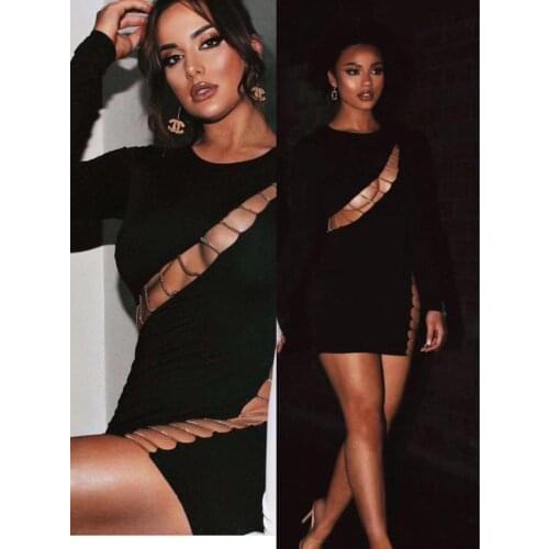 Sexy Women 2021 Winter New Fashion Black Hollow Out Long Sleeve Mini Bodycon Backless Bandage Dress