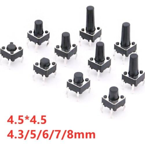 50PCS 4.5x4.5mm Panel PCB Momentary Tactile Tact Mini Push Button Switch DIP 4pin 4.5x4.5x3.8/4.3/5/6/7/8/9/10 MM 4.5*4.5*4.3MM