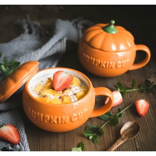 Pumpkin Breakfast Cup With Lid Milk Tea Ceramic Cup Milk Pudding Cup Yogurt Cup Ins Christmas Halloween Gift