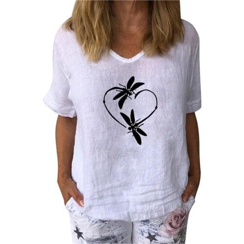 Plus Size Vintag T-shirt Womens Casual Print Cotton Linen O-neck Short Sleeves Harajuku T-shirt Tops Woman Streetwear Tshirt