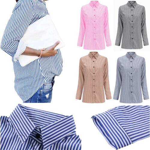 Women Casual Turn Down Neck Button Blouse Shirts Sexy Long Sleeve Striped Tops Lady Winter Elegant Plus Size Blusa Streetwear