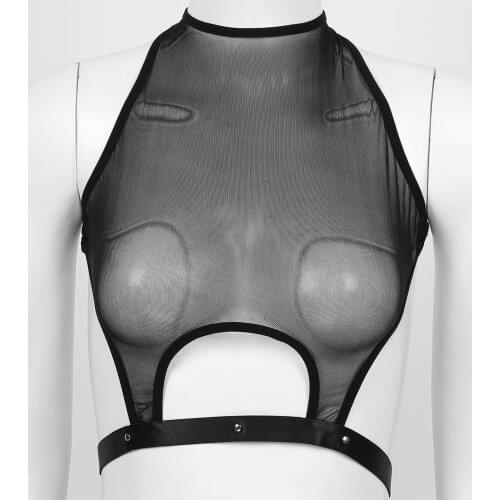 Womens Female See-Through Mesh Crop Tops with Hole Back Crossed Shoulder Straps Underwear Lingerie Sexy Clubwear Exotic Tanks