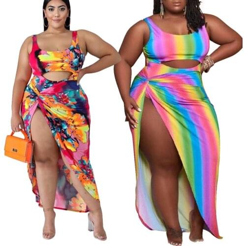 Sexy Rainbow Striped Print Women 2021 Summer Holiday Beach Sleeveless O-neck One Piece Swimwear + High Split Skirts Bikini Suits