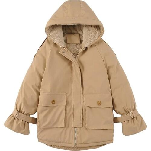 Winter New Women Simple Solid Color Keep Warm Hooded Cotton Padded Clothes Female Adjustable Cuff Detachable Plush Overcoat