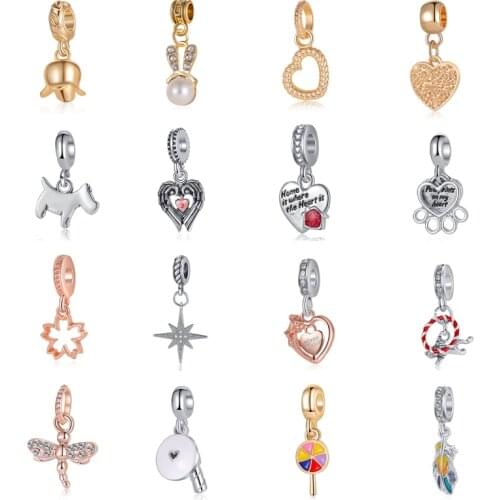 5PCS New Lollipop Rose Flower Heart Rabbit Pentagram Bead Dog Paw Alloy Charm Fit DIY European Bracelet Women Men Jewelry Making