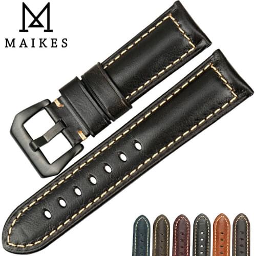 MAIKES Watch Accessories Oil Wax Cow Leather Watch Band 20mm 22mm 24mm 26mm Handmade Watchband Watch Strap For Panerai Watch