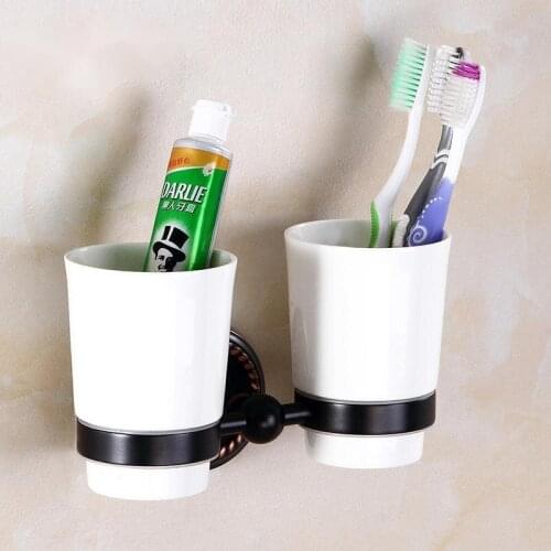 Antique Brass Ceramic Bath Toothbrush Holder Double Cup Tooth Brush Hooks Cups Bathroom Accessories Hardware